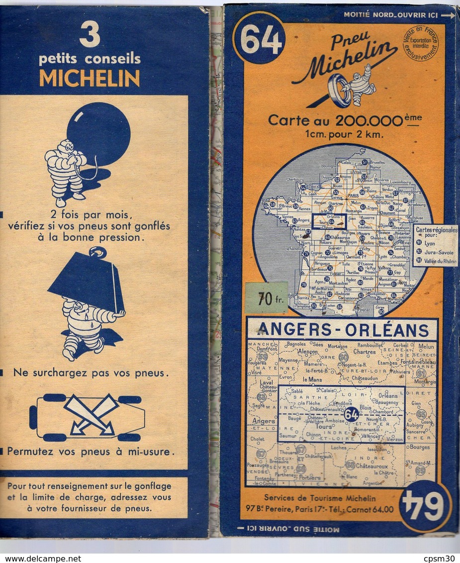 Carte Géographique MICHELIN - N° 064 ANGERS - ORLÉANS 1949-2 - Cartes Routières