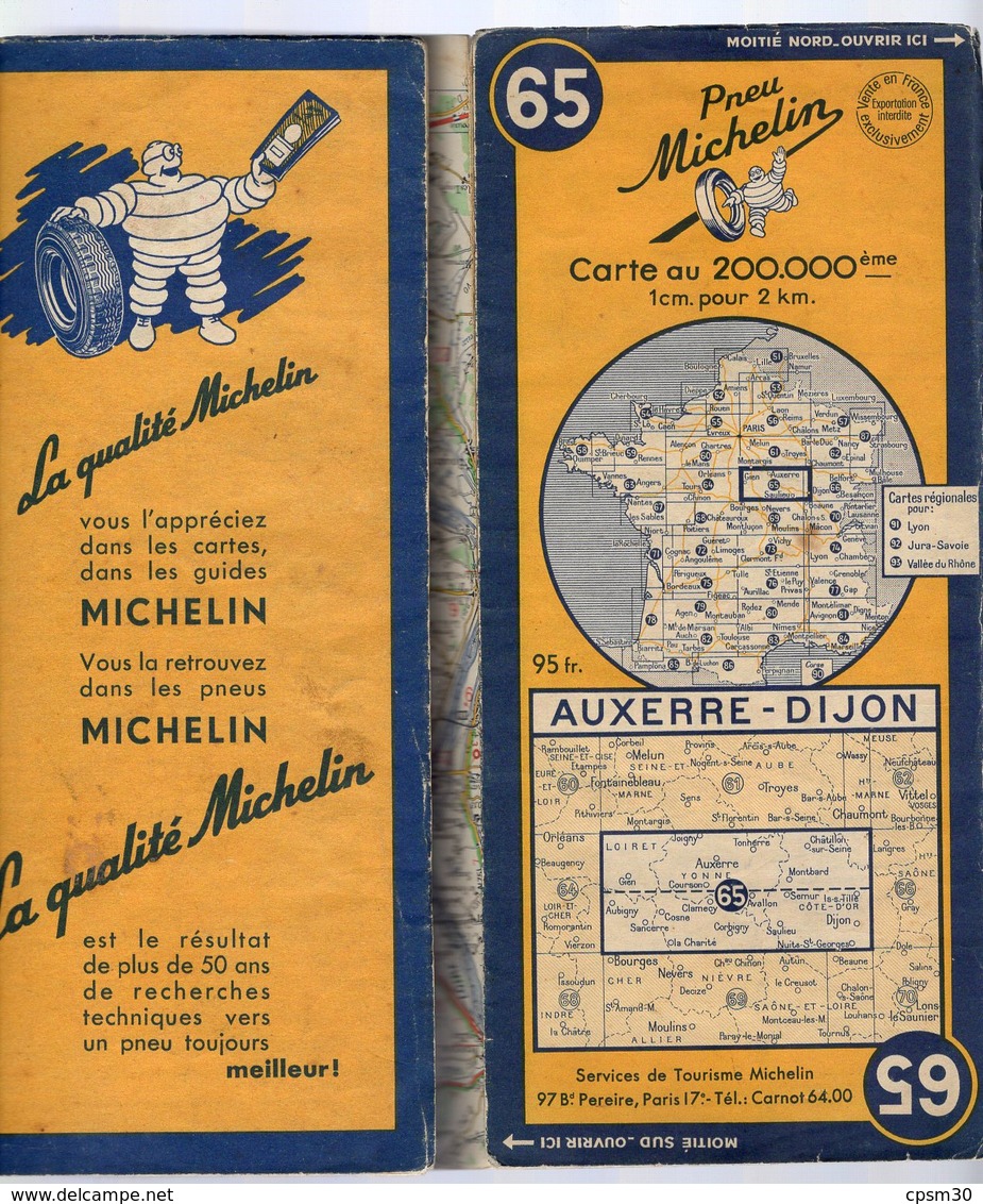 Carte Géographique MICHELIN - N° 065 AUXERRE - DIJON 1952 - Cartes Routières