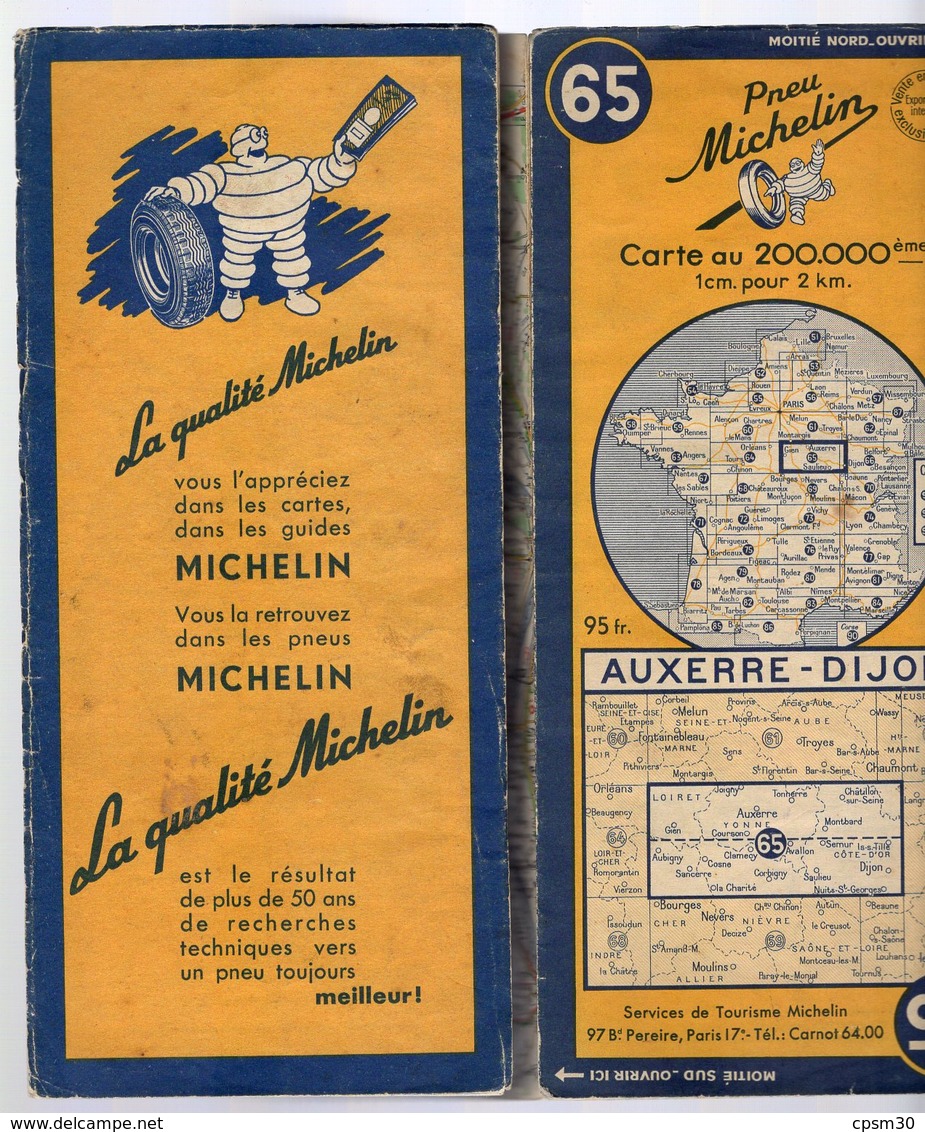 Carte Géographique MICHELIN - N° 065 AUXERRE - DIJON 1952 - Cartes Routières