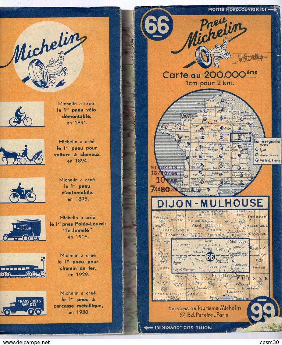 Carte Géographique MICHELIN - N° 066 DIJON - MULHOUSE 1940 (prix Modifié 15/10/44) - Cartes Routières