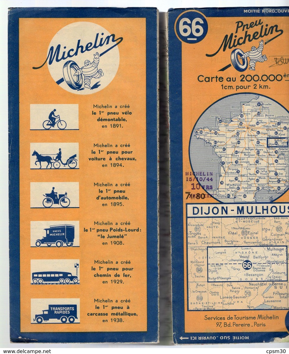 Carte Géographique MICHELIN - N° 066 DIJON - MULHOUSE 1940 (prix Modifié 15/10/44) - Callejero