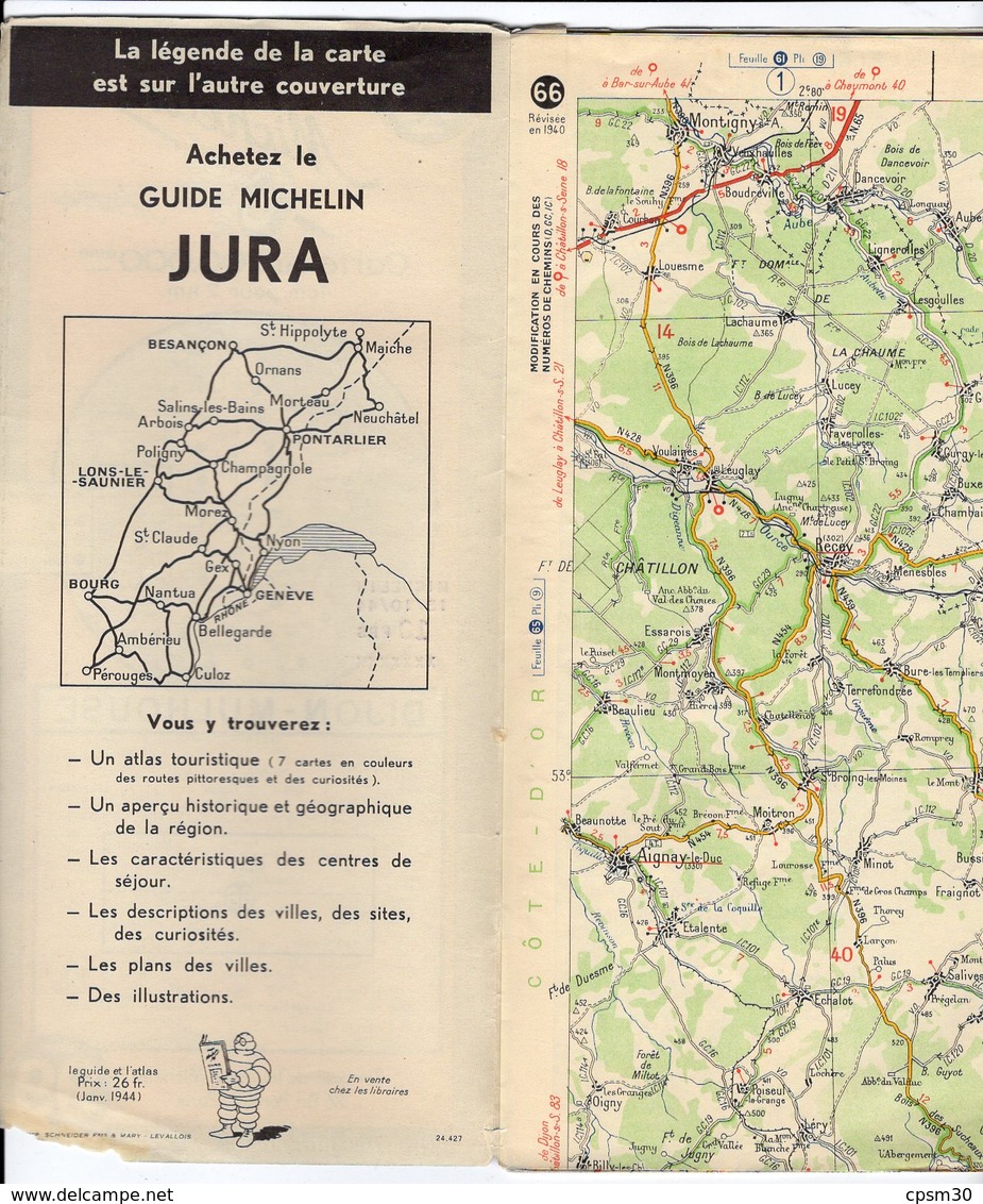 Carte Géographique MICHELIN - N° 066 DIJON - MULHOUSE 1940 (prix Modifié 15/10/44) - Callejero