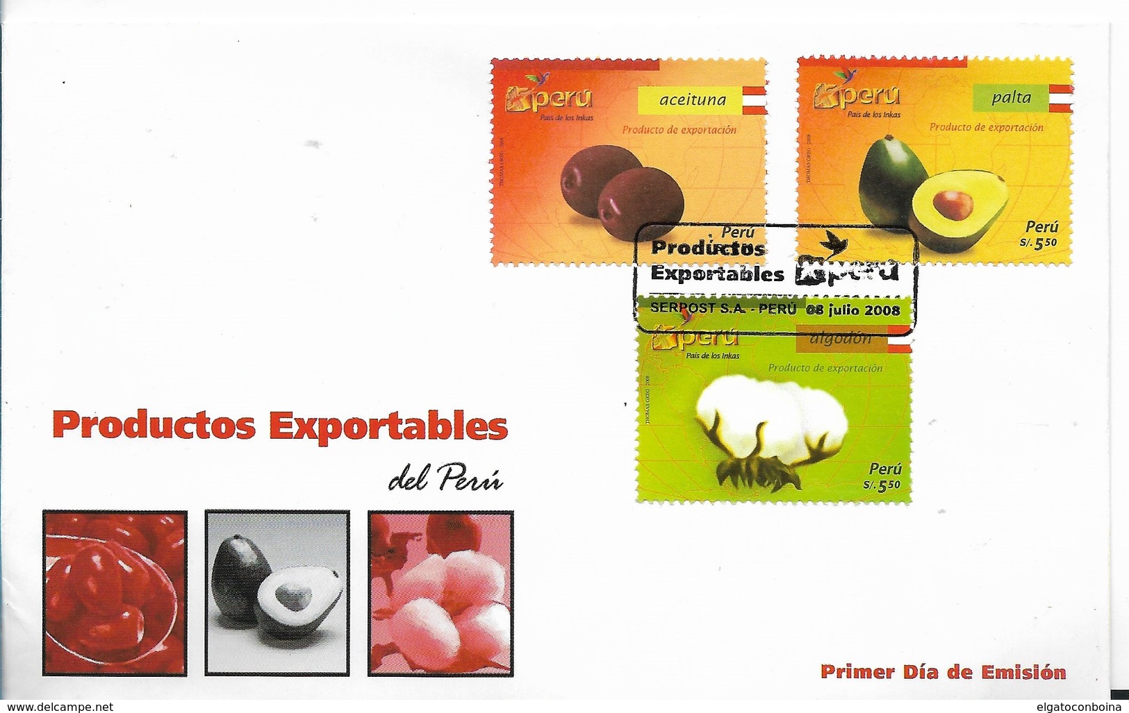 PERU 2008 FDC PRODUCTS FOR EXPORTS, SET OF 3, FRUITS, COTTON. FIRST DAY COVER FIRST DAY CANCEL - Pérou