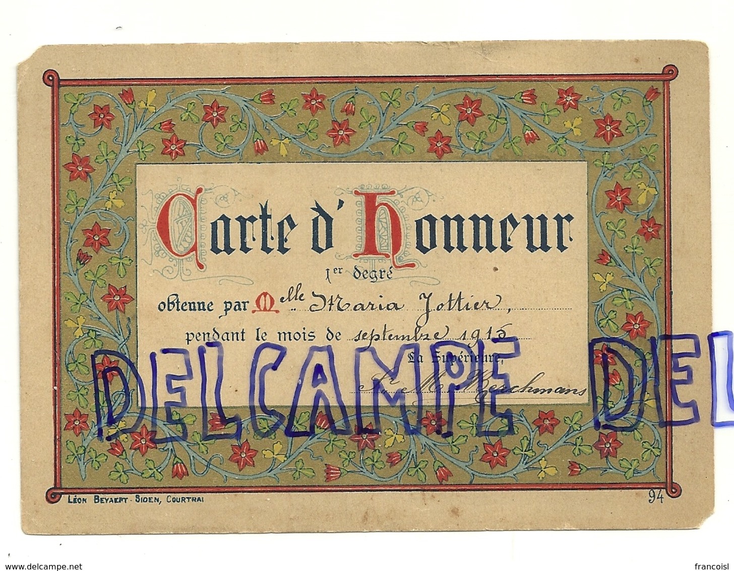 Carte D'Honneur De Maria Jottier. Septembre 1915. Edit. Leon Beyaert - Siden. Dorée - Autres & Non Classés