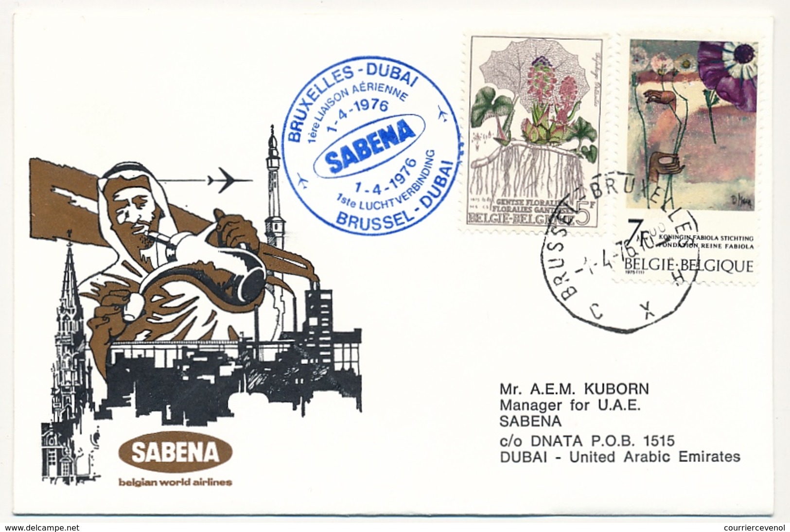 BELGIQUE / DUBAI - 2 Enveloppes SABENA - 1ere Liaison Aérienne - BRUXELLES - DUBAI 1/4/1976 Et Retour 3/4/1976 - Autres & Non Classés