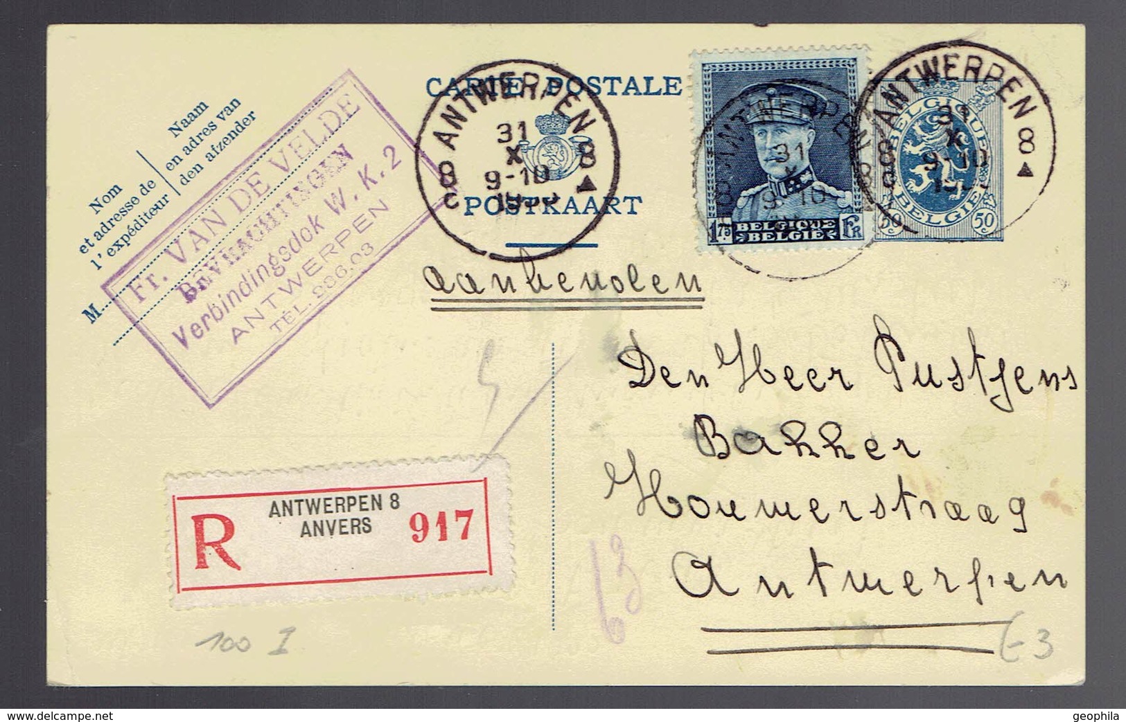 CP 101 I Recommandée + 320 ( Képi ) Antwerpen 8c 31 X 1933 => La Ville - Briefkaarten 1909-1934