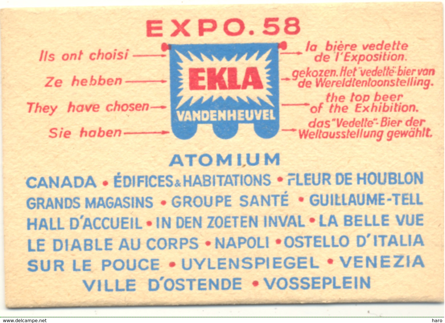 BRUXELLES Exposition 1958 - Expo 58 - Carte Postale - Sous-bock Bieres " EKLA " Biere   (b260) - Expositions