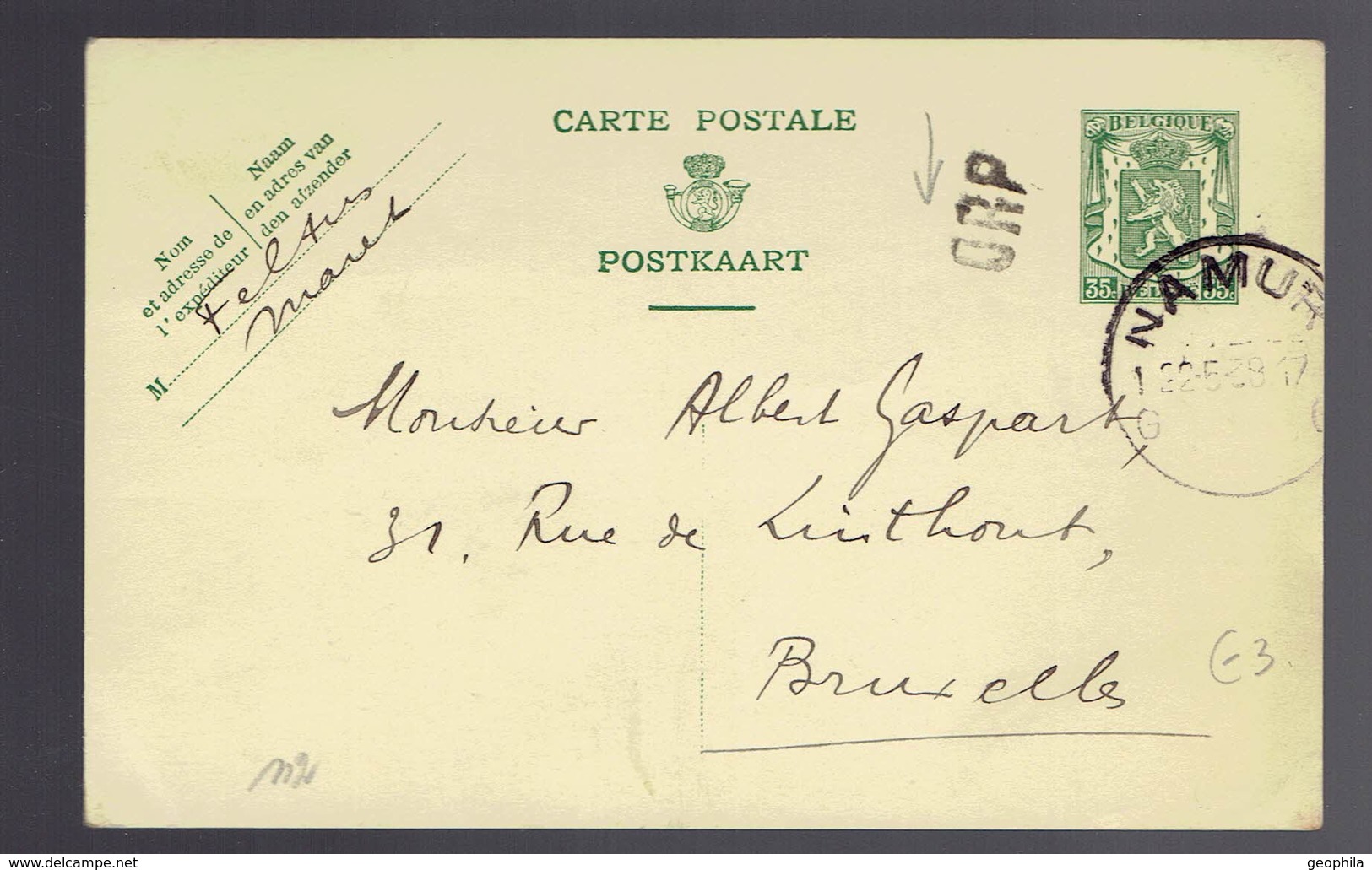 CP 112 I Namur 22.5.38 + Bruxelles Griffe D'origine " Orp " - Briefkaarten 1909-1934