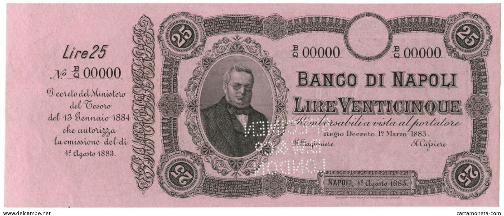 25 LIRE SPECIMEN MATRICE BANCO NAPOLI BIGLIETTO PORTATORE CAVOUR 01/03/1883 QFDS - Altri & Non Classificati