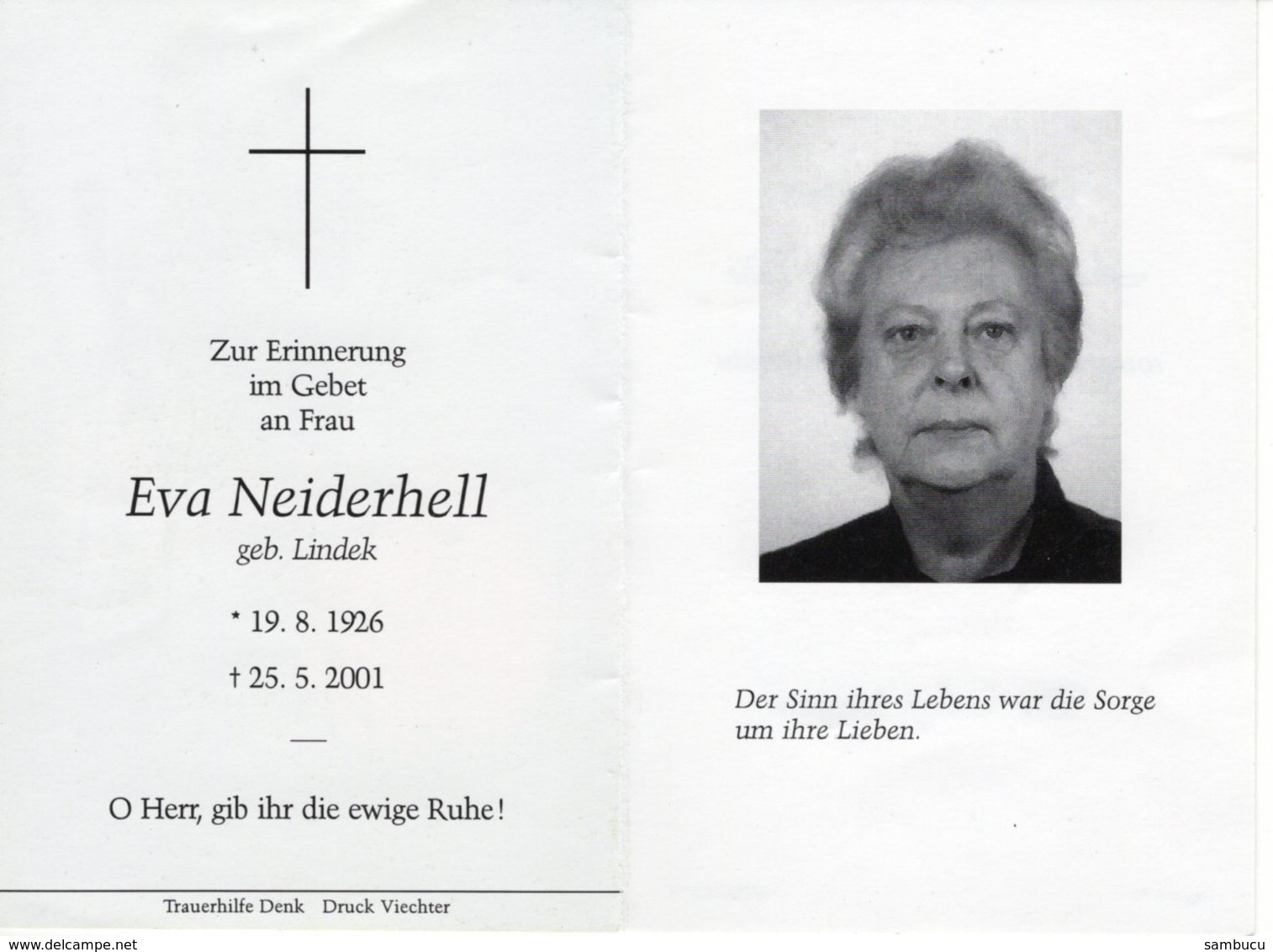 Sterbebildchen Von Eva Neiderhell Geb. Lindeck 19.8-26 - 25.5.2001 Erding - Andachtsbilder