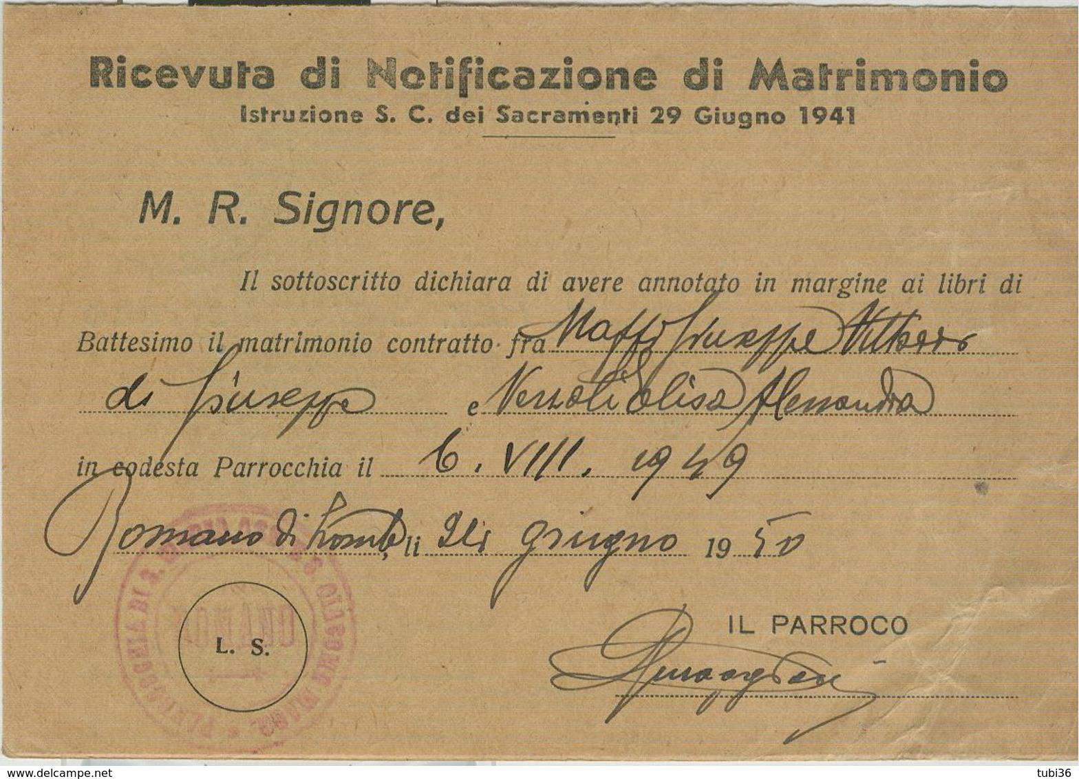 ROMANO DI LOMBARDIA(BERGAMO)-RICEVUTA DI NOTIFICAZIONE MATRIMONIO,1950,PER PARROCCHIA DI "S.VITTORE M."CALCIO(BERGAMO), - Nozze