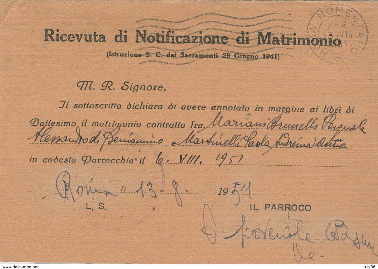 ROMA-RICEVUTA DI NOTIFICAZIONE MATRIMONIO,1951,PER PARROCCHIA DI "S.VITTORE M."CALCIO(BERGAMO), - Matrimonios