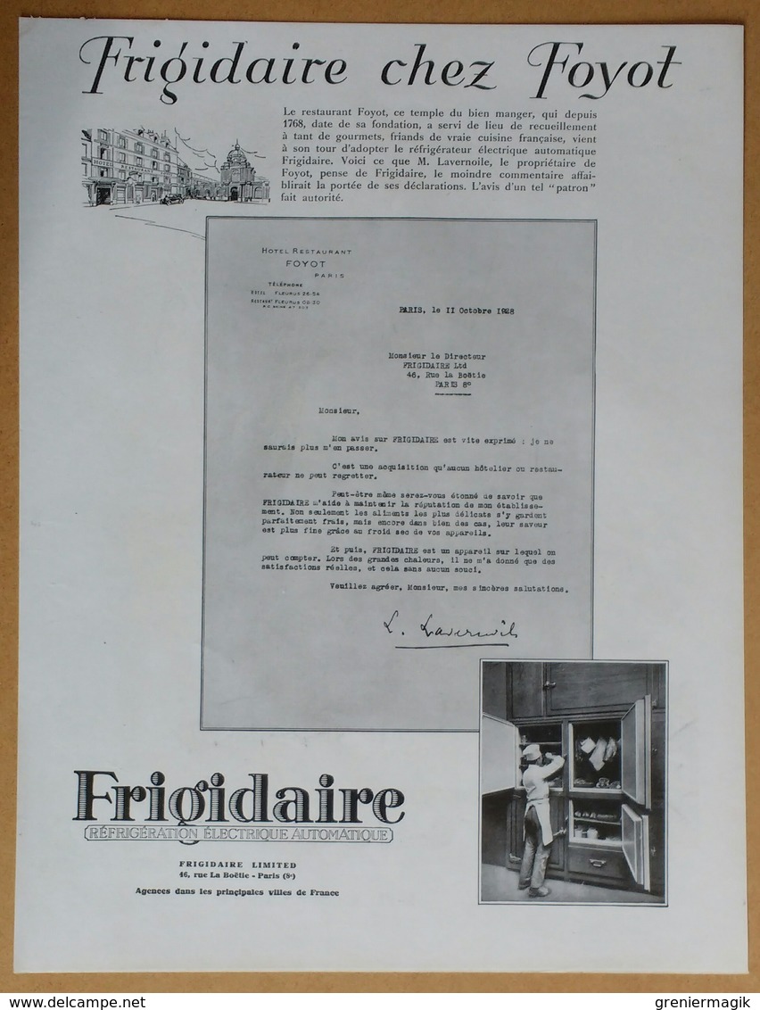 1928 Frigidaire Chez Foyot Hôtel Restaurant Paris (réfrigérateur-Frigo) - Château-Robert Vichy - Gant Perrin - Publicité - Publicités