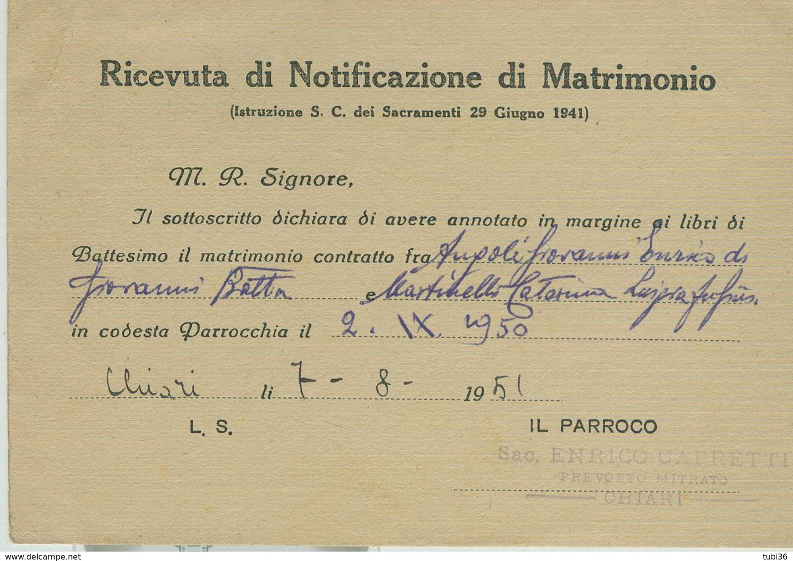 CHIARI (BRESCIA)-RICEVUTA NOTIFICAZIONE MATRIMONIO,1951,PER PARROCCHIA DI "S.VITTORE M."CALCIO(BERGAMO), - Nozze