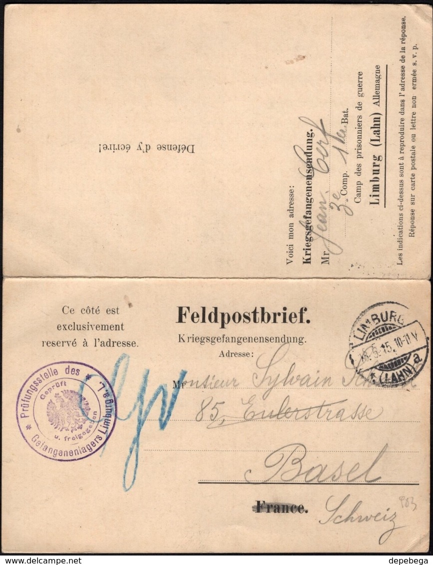 Germany / Holland, POW Letter Card / Feldpostbrief - Kriegsgefangenenlager Limburg (Lahn) 18.5.1915 - Basel. - Briefe U. Dokumente