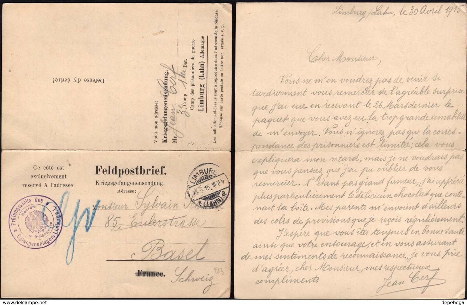 Germany / Holland, POW Letter Card / Feldpostbrief - Kriegsgefangenenlager Limburg (Lahn) 18.5.1915 - Basel. - Briefe U. Dokumente