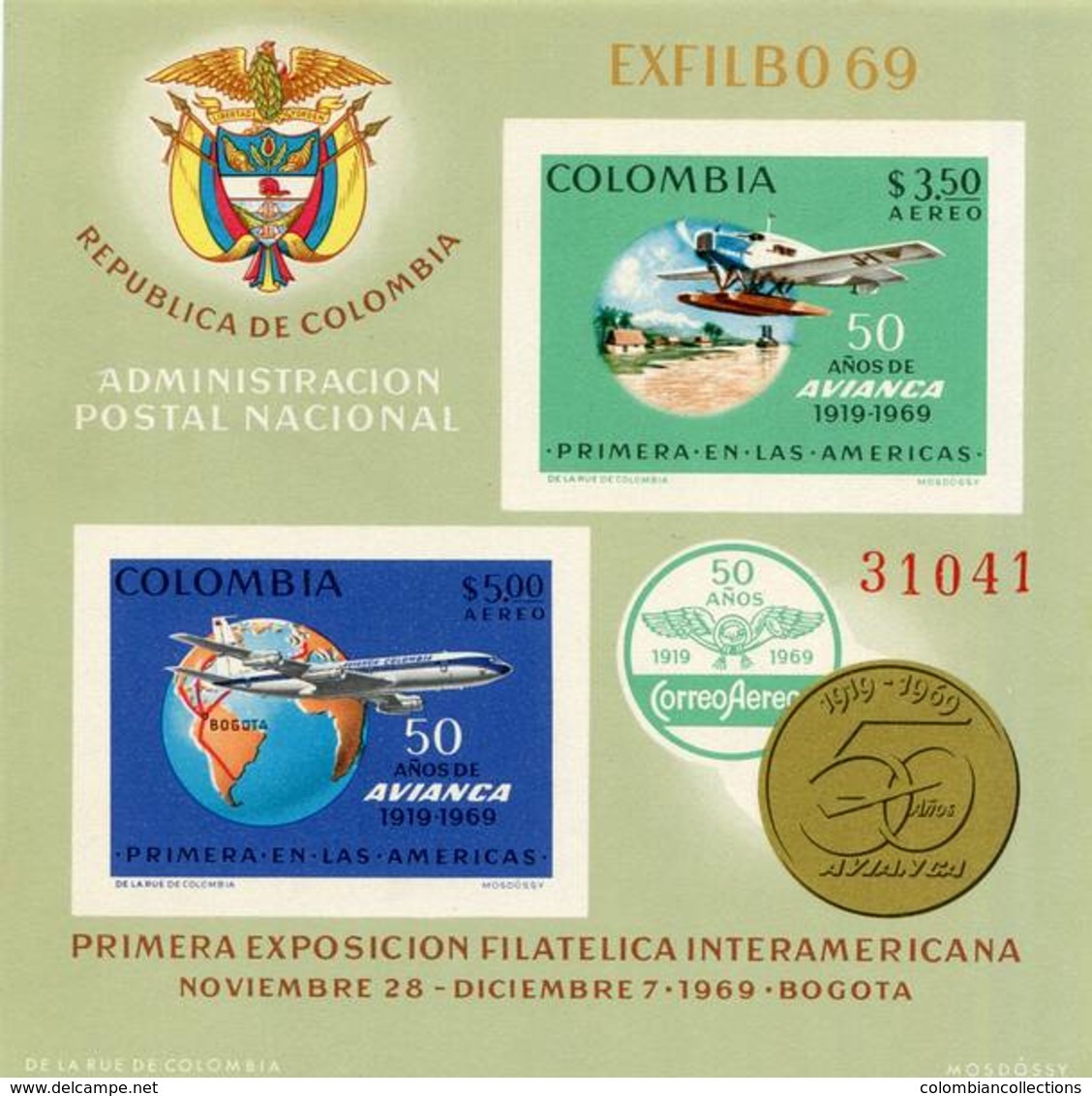 Lote HF31F, Colombia, 1969, HF, SS, 50 Años Del Primer Vuelo Postal, Airplane, Map, Expo, Hydroplane, Coat Of Arms - Colombia
