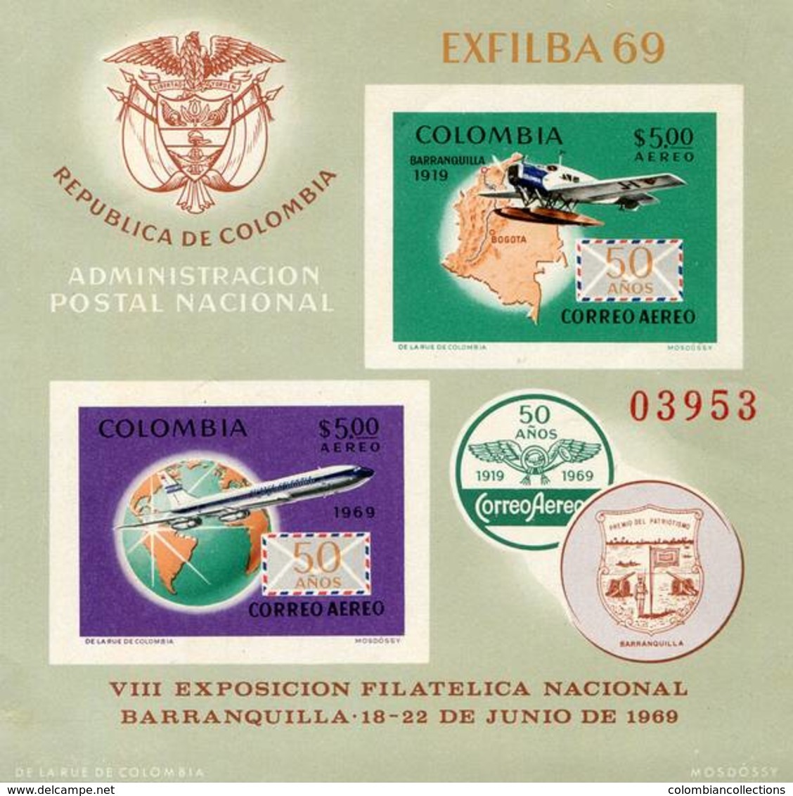 Lote HF32F, Colombia, 1969, HF, SS, 50 Años Del Primer Vuelo Postal, Airplane, Map, Expo, Hydroplane, Coat Of Arms - Colombia