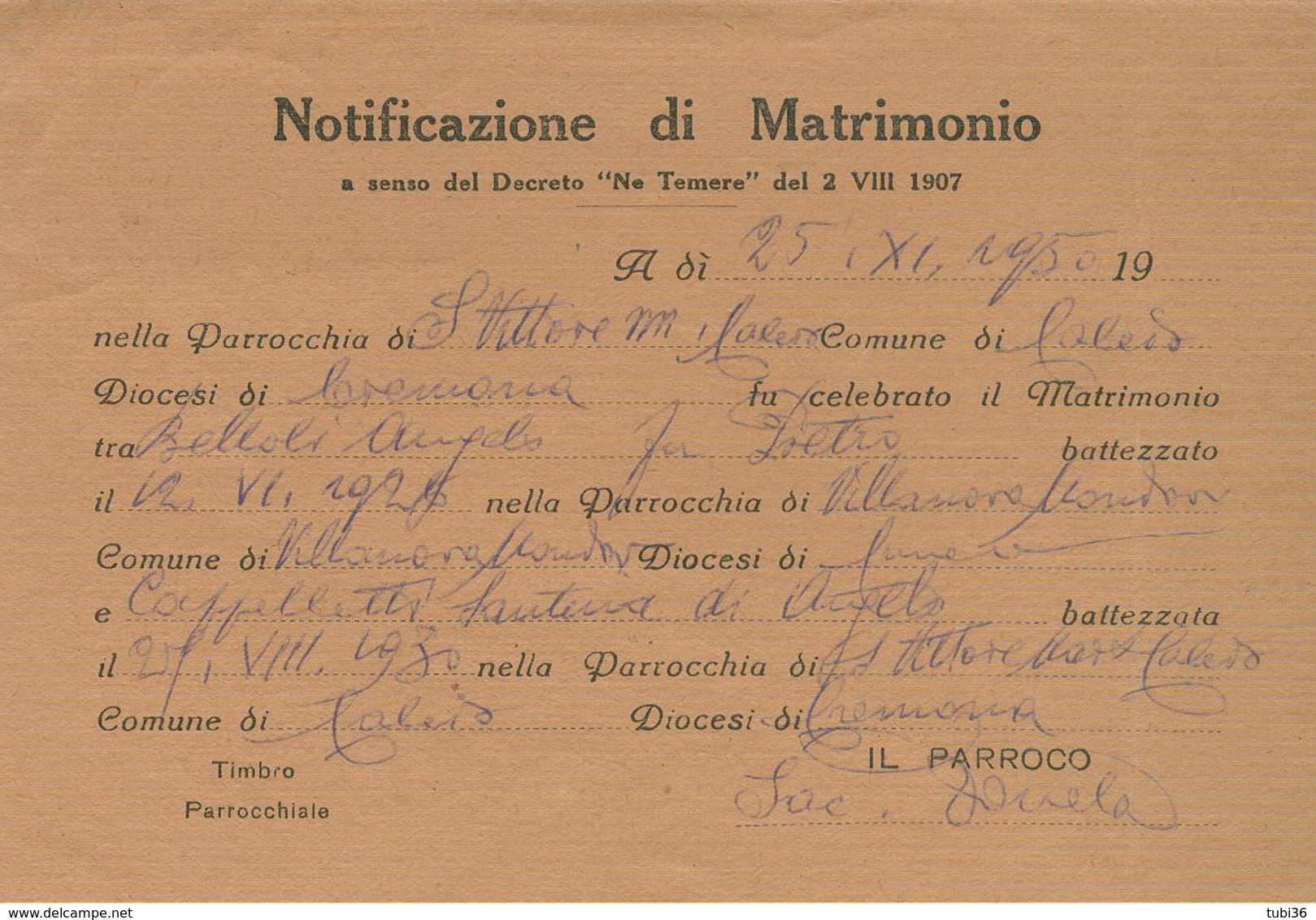 CALCIO (BERGAMO)-RICEVUTA NOTIFICAZIONE MATRIMONIO,1950,PER PARROCCHIA DI VILLANOVA MONDOVI (CUNEO), - Nozze