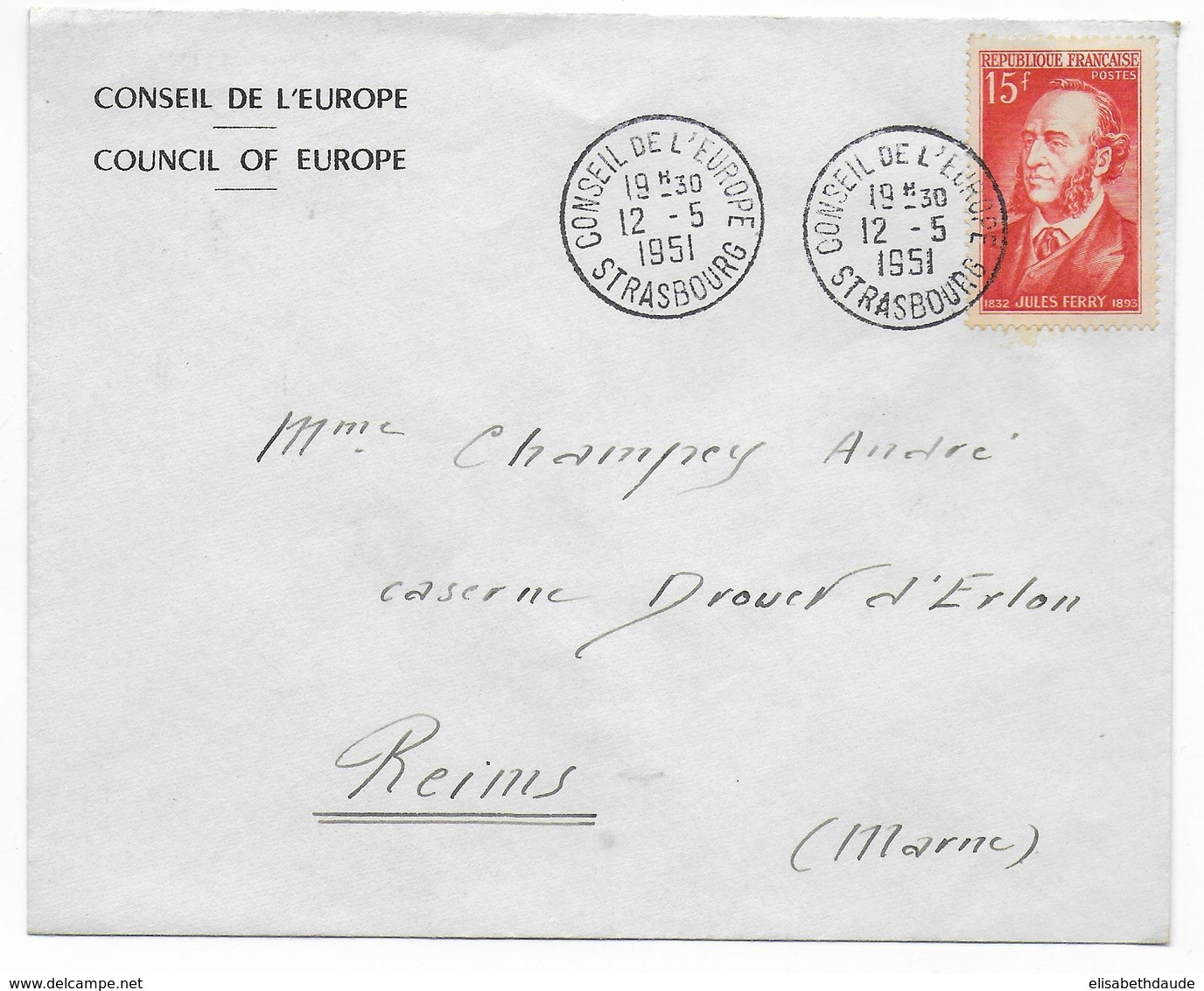 1951 - ENVELOPPE Du CONSEIL De L'EUROPE à STRASBOURG Avec OBLITERATION SPECIALE - Gedenkstempel