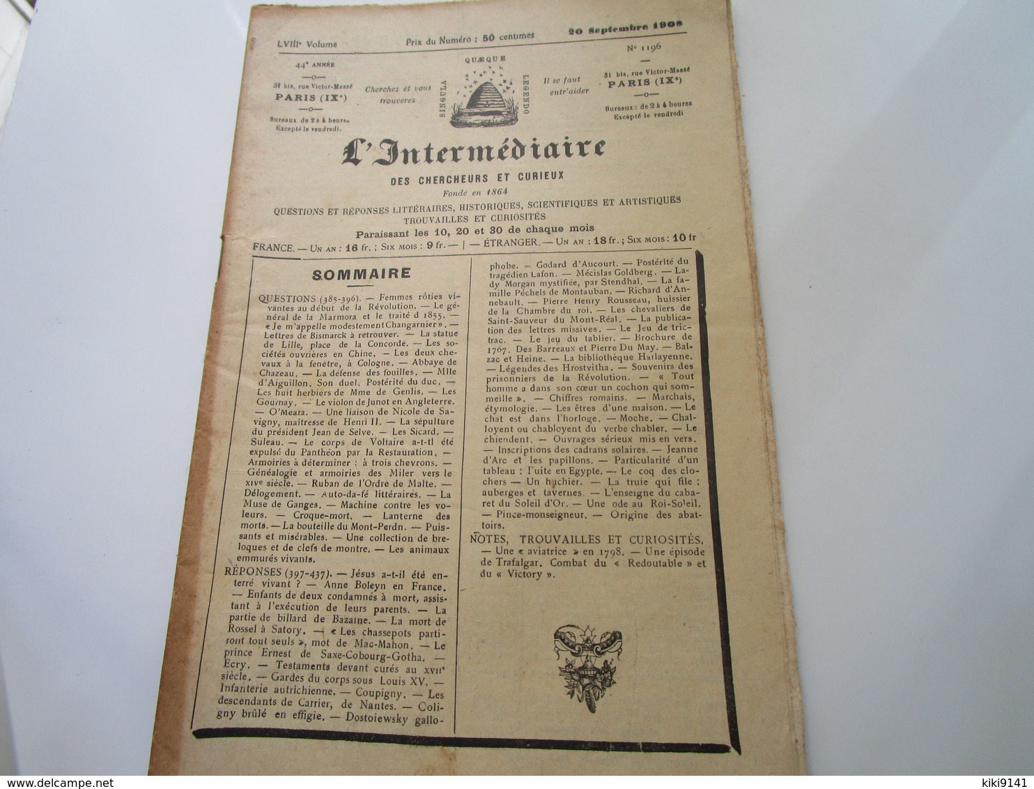 L'INTERMEDIAIRE Des Chercheurs Et Curieux - N°1196 (36 Pages) - 1900 - 1949