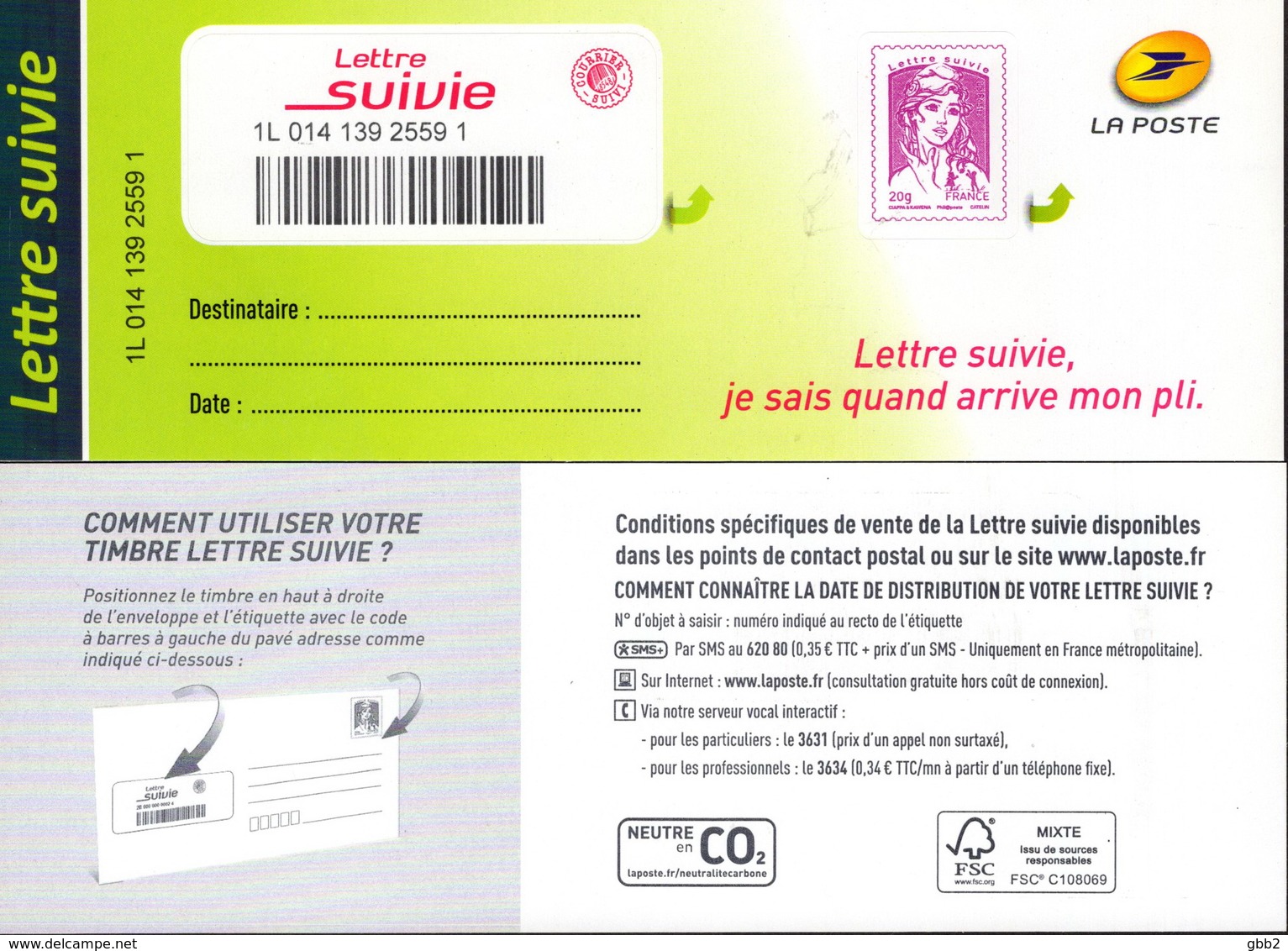 LA LETTRE SUIVIE (LS 1) Type Ciappa 1er Tirage 2015. Fond De L'adresse En Vert. Peu Vendu, RARE. - Autres & Non Classés