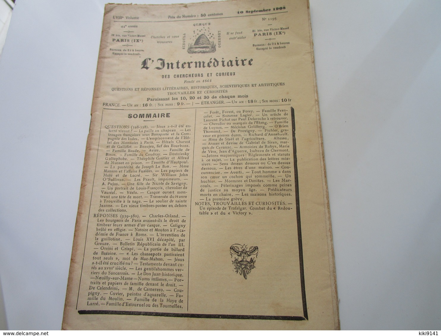 L'INTERMEDIAIRE Des Chercheurs Et Curieux - N°1195 (36 Pages) - 1900 - 1949