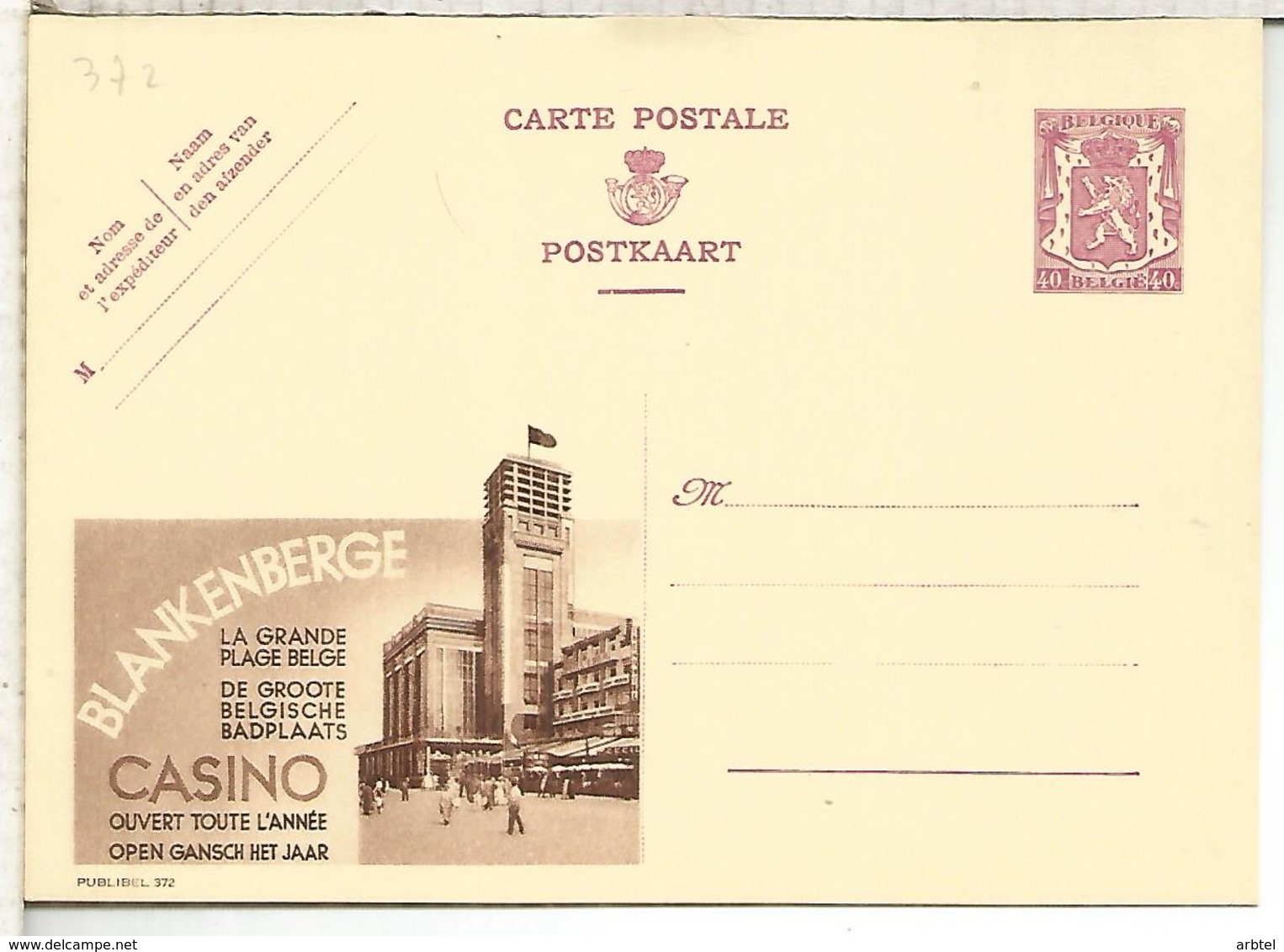 BELGICA ENTERO POSTAL PUBLIBEL CASINO BLANKENBERGE JUEGOS AZAR - Sin Clasificación