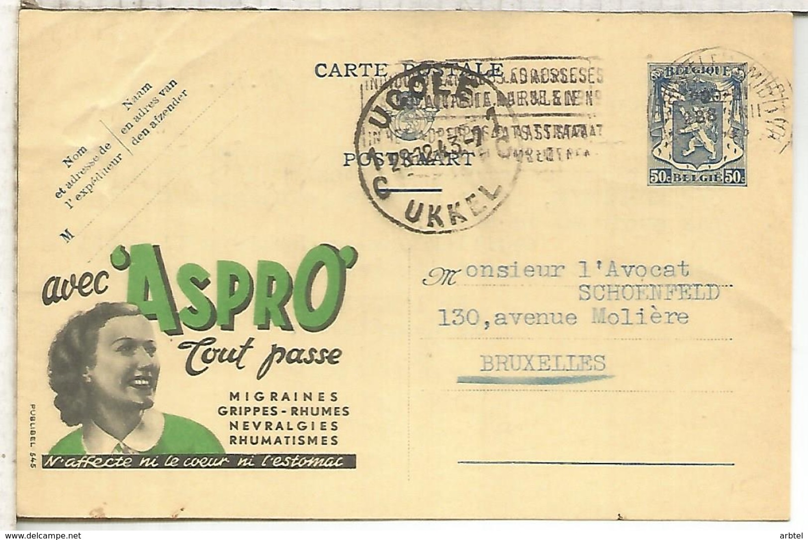 BELGICA ENTERO POSTAL PUBLIBEL ASPRO MEDICINA ENFERMEDAD FARMACIA PHARMACY - Farmacia