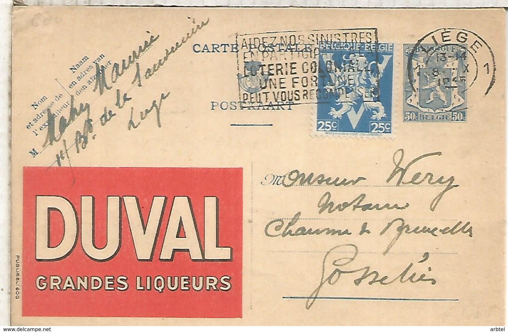 BELGICA ENTERO POSTAL PUBLIBEL DUVAL LICOR ALCOHOL - Fruits