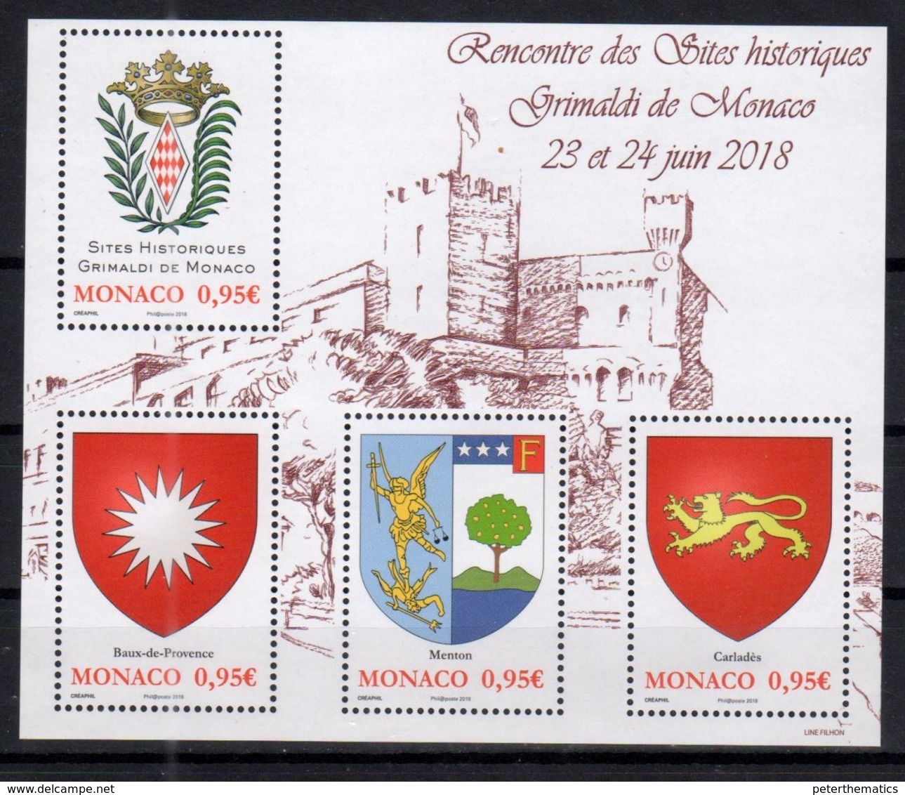 MONACO, 2018, MNH,COAT OF ARMS, SIELDS, HISTORICAL SITES OF GRIMALDI IN MONACO, SHEETLET - Timbres