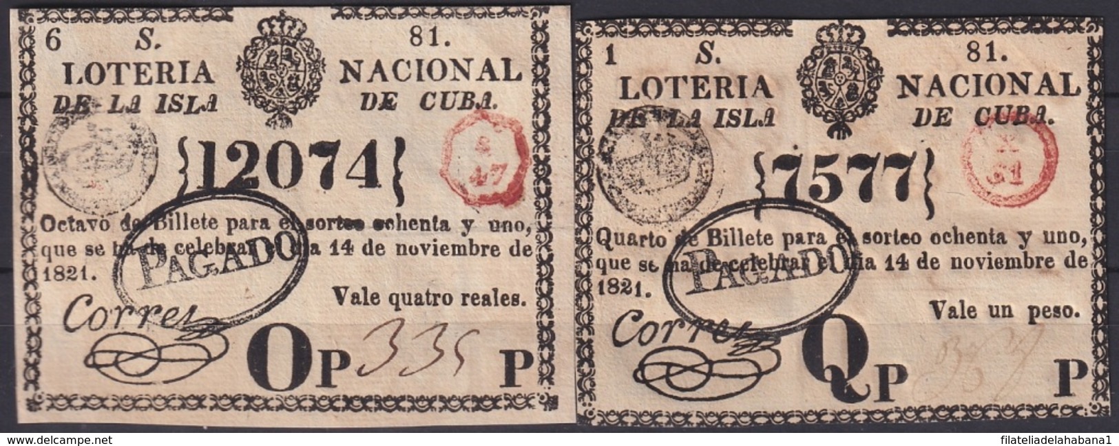 LOT-4 CUBA SPAIN ESPAÑA OLD LOTTERY. BILLETE DE LOTERIA 1821. SORTEO 81.  CUARTO Y OCTAVO DE BILLETE - Loterijbiljetten