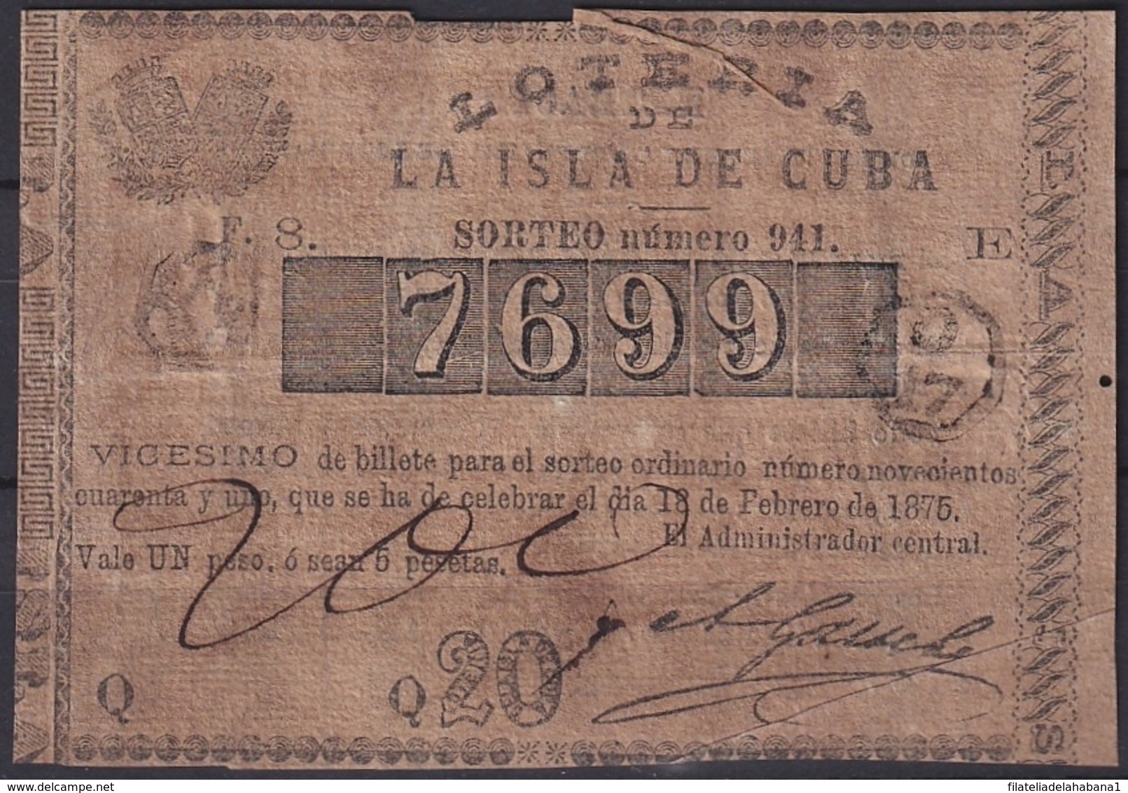 LOT-68 CUBA SPAIN ESPAÑA OLD LOTTERY. BILLETE DE LOTERIA 1875. SORTEO 911 - Lottery Tickets