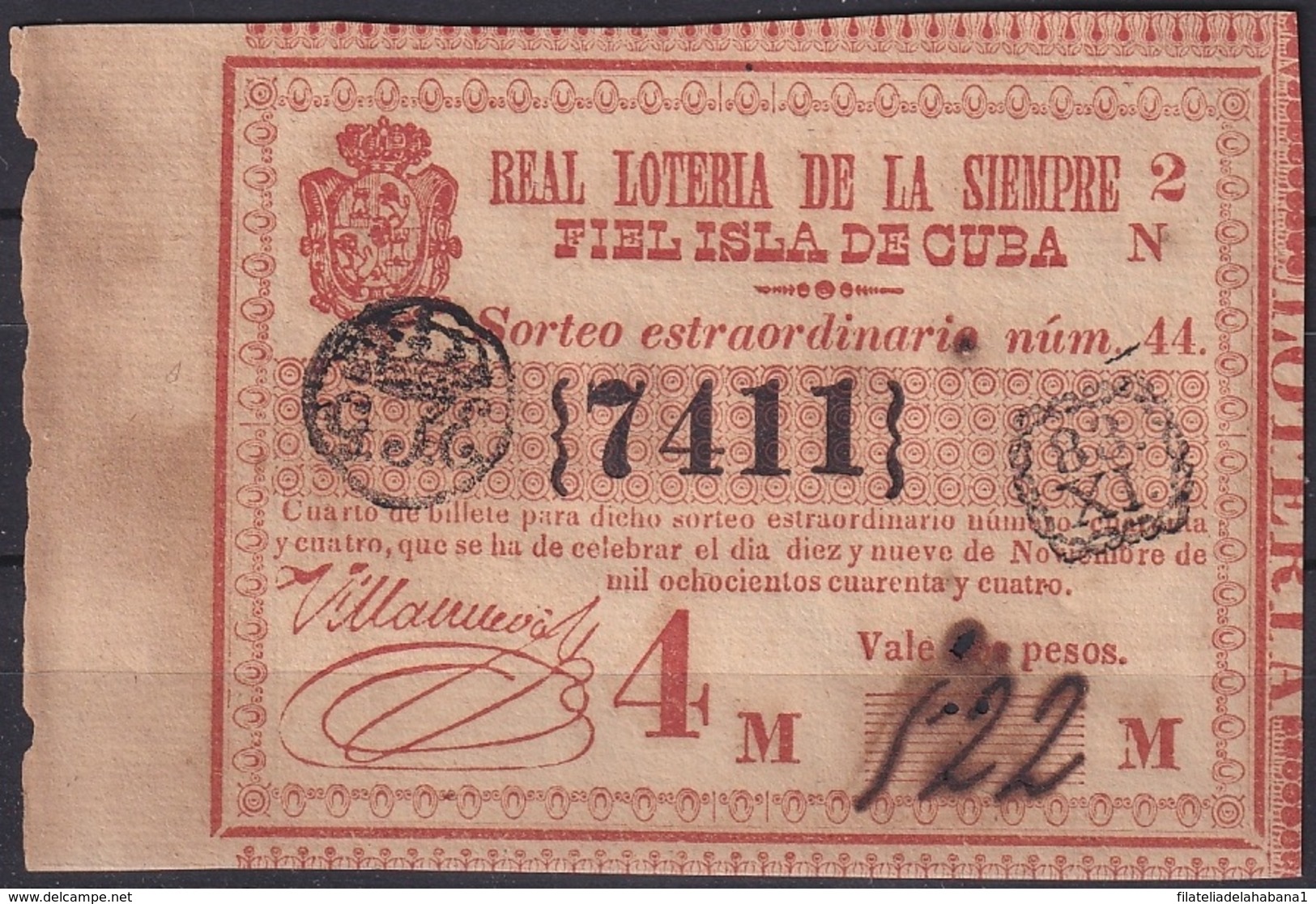 LOT-76 CUBA SPAIN ESPAÑA OLD LOTTERY. BILLETE DE LOTERIA 1844. SORTEO 44 EXTRAORDINARIO - Lottery Tickets