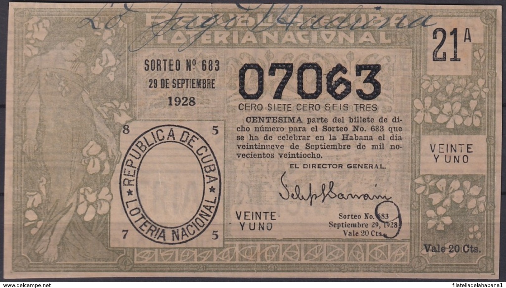 LOT-390  CUBA REPUBLICA OLD LOTTERY SORTEO DE LOTERIA Nº683 29/09/1928 - Loterijbiljetten