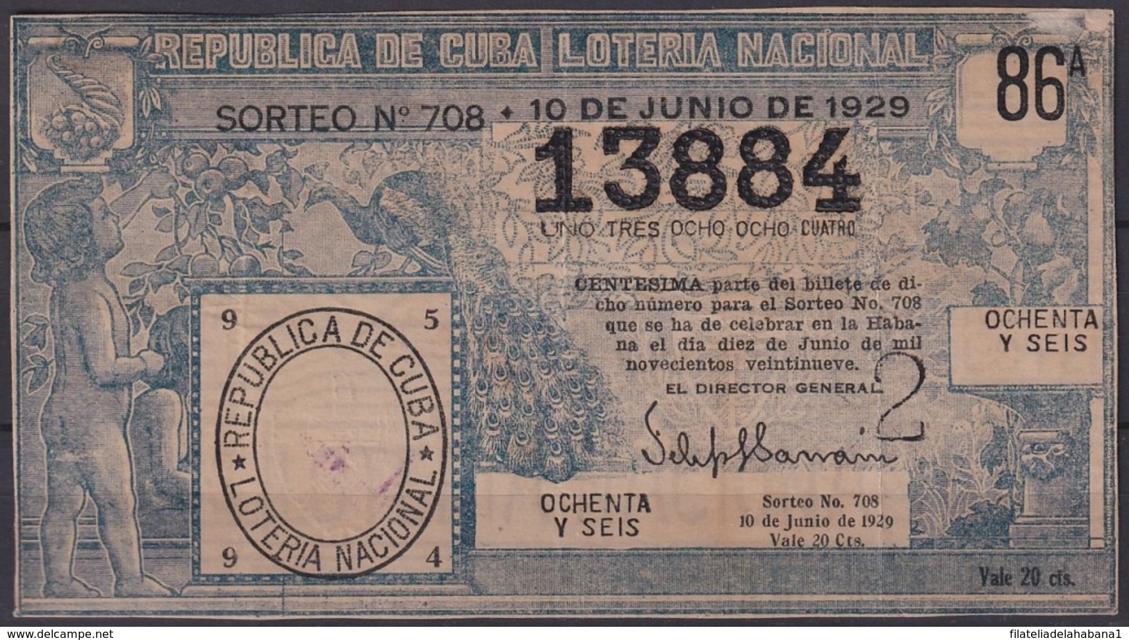 LOT-392  CUBA REPUBLICA OLD LOTTERY SORTEO DE LOTERIA Nº708 10/06/1929 - Biglietti Della Lotteria