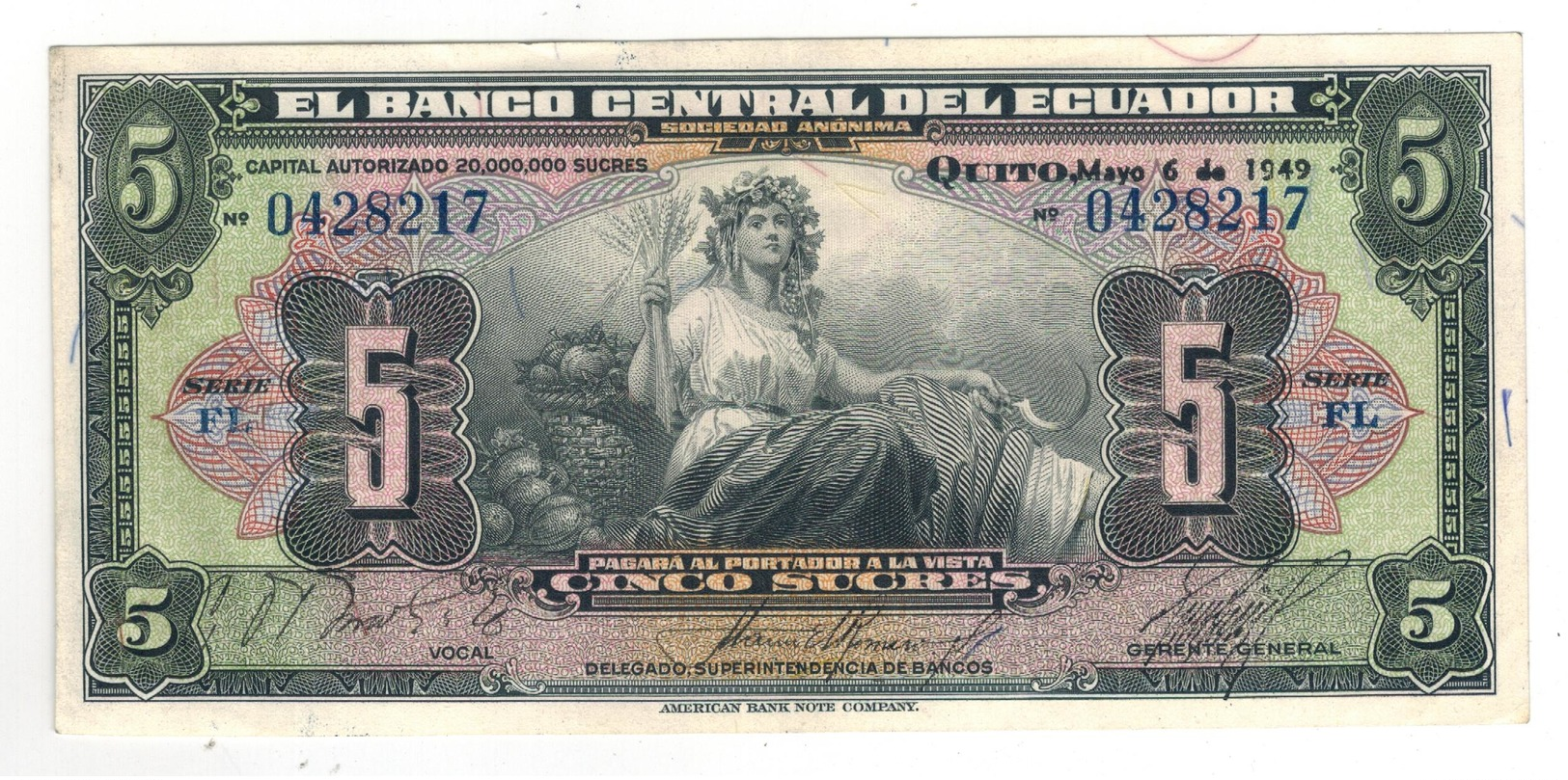 Ecuador, 5 Sucres 1949.  XF/aUNC. - Ecuador