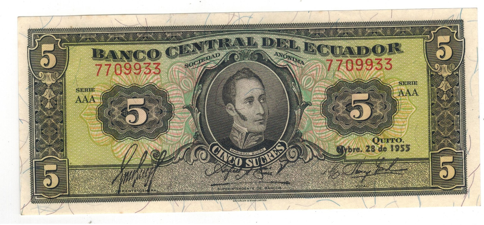 Ecuador, 5 Sucres 1955, UNC. - Ecuador