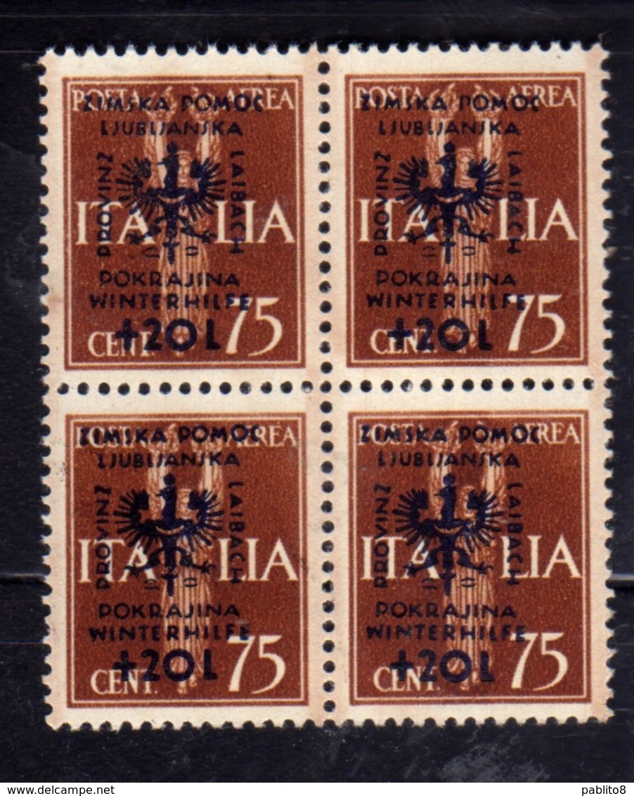 LUBIANA 1944 OCCUPAZIONE TEDESCA BENEFICENZA 75 CENT. + 20 LIRE QUARTINA BLOCK MNH - German Occ.: Lubiana