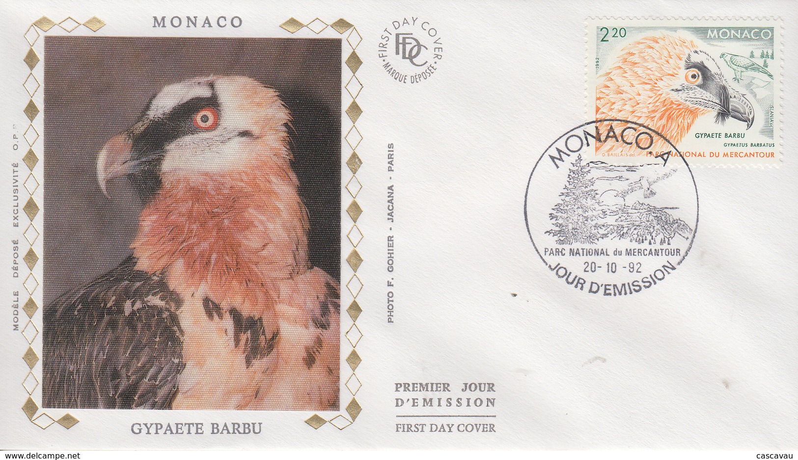 Enveloppe  FDC   1er  Jour   MONACO   Gypaete  Barbu    Parc  National   Du   Mercantour  1992 - Arends & Roofvogels