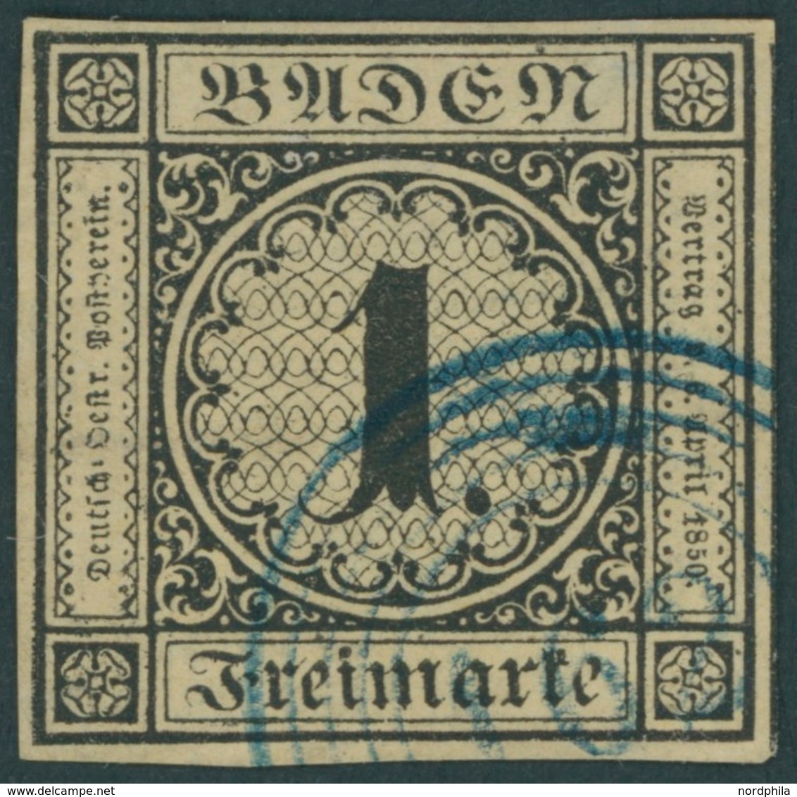 BADEN 1a O, 1851, 1 Kr. Schwarz Auf Sämisch Mit Blauem Nummernstempel 162 (Zell A.H.), Allseits Breitrandig!, Kleine Fal - Sonstige & Ohne Zuordnung