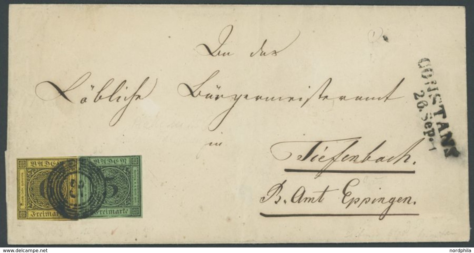 1853, 3 Kr. Schwarz Auf Grün (oben Leicht Berührt) Mit Vollrandiger 6 Kr. Schwarz Auf Gelb Auf Brief Von CONSTANZ Nach T - Autres & Non Classés