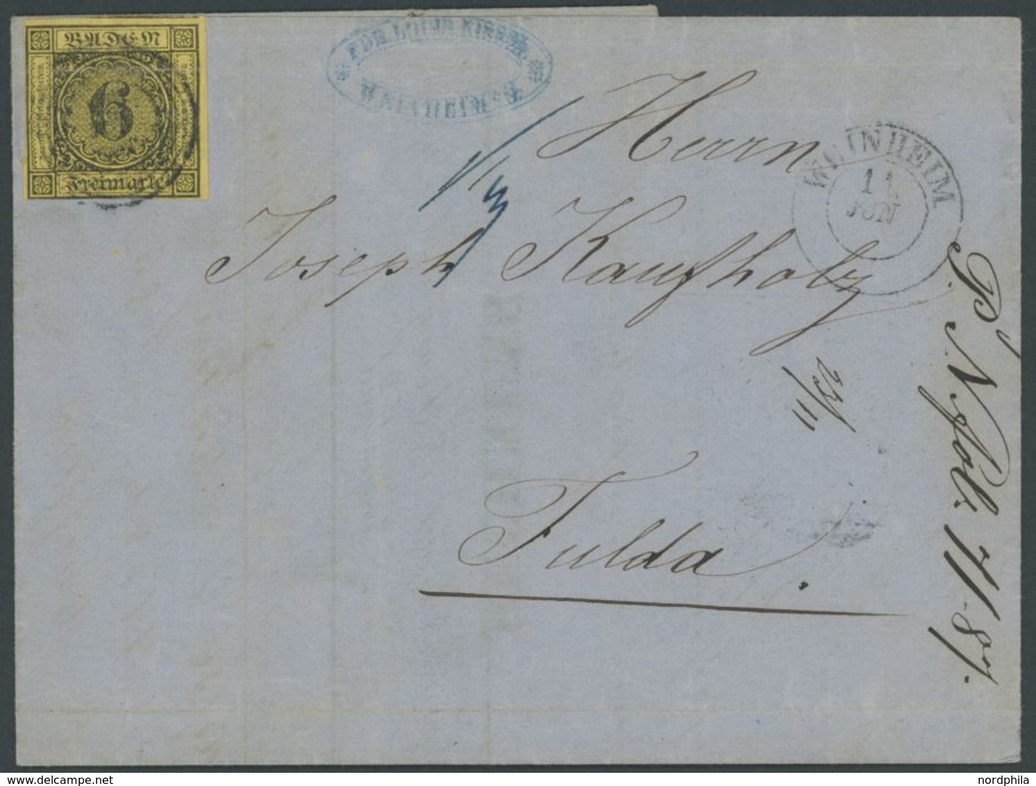 1860, 6 Kr. Schwarz Auf Gelb, Waagerechte Büge, Auf Brief Von WEINHEIM Nach Fulda, Feinst -> Automatically Generated Tra - Otros & Sin Clasificación