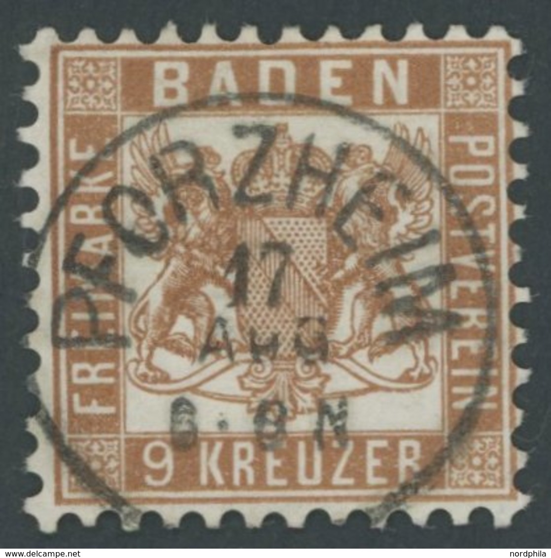 BADEN 20a O, 1866, 9 Kr. Lebhaftrötlichbraun, Zentrischer K1 PFORZHEIM, Kabinett, Gepr. Drahn - Other & Unclassified
