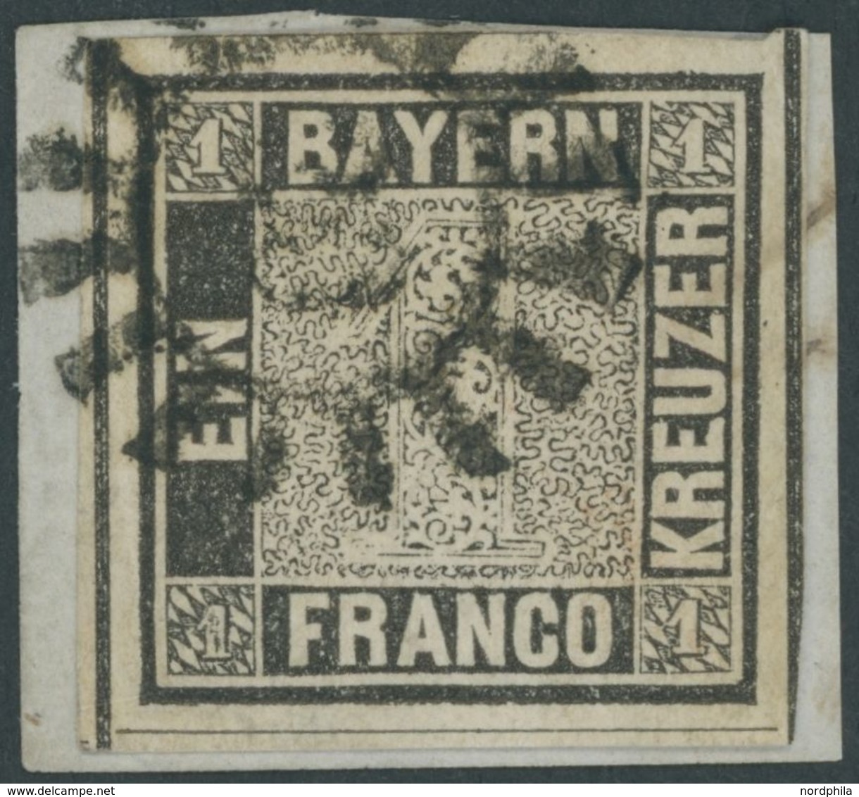 1849, 1 Kr. Schwarzgrau, Platte 1, Allseits Breit- Riesenrandig Mit 3 Vollständigen Schnittlinien, MR-Stempel 20 (BAMBER - Autres & Non Classés