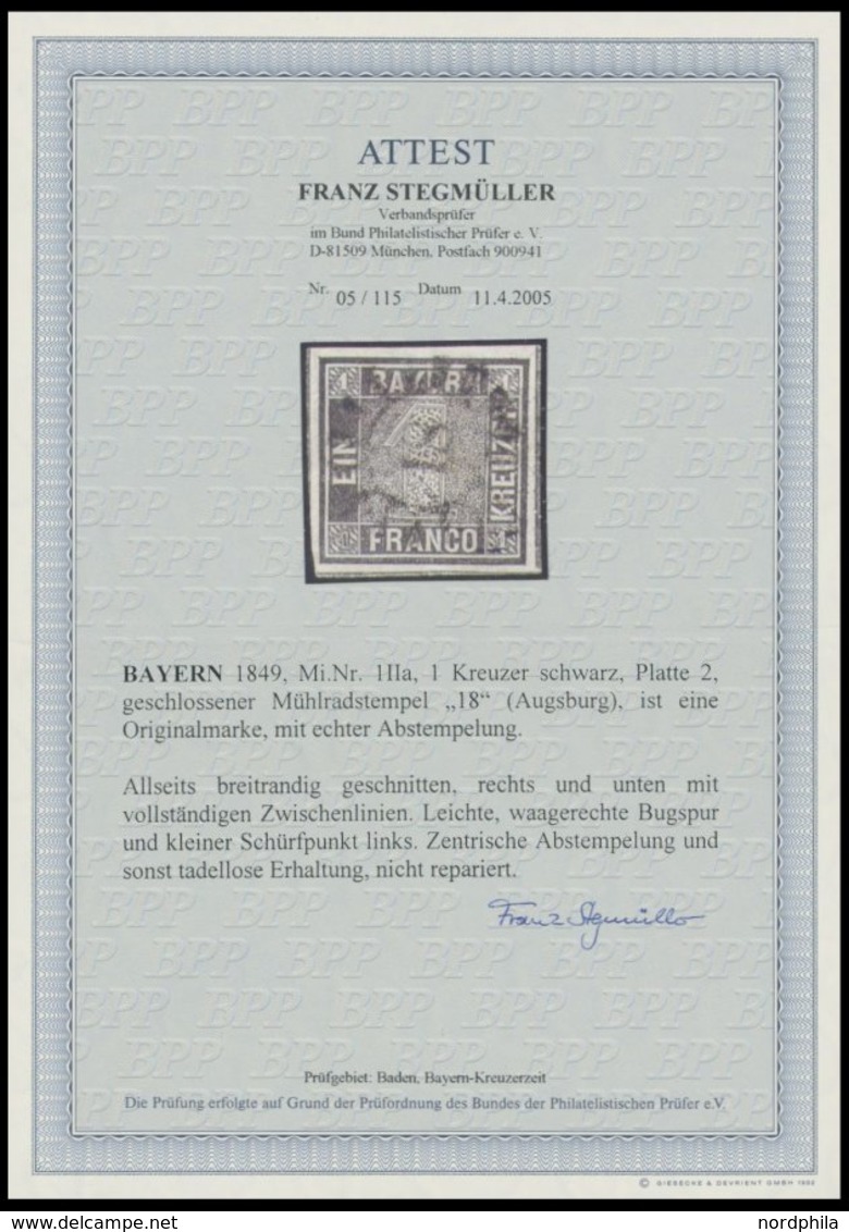 1850, 1 Kr. Schwarz, Platte 2, Allseits Breitrandig Mit 2 Vollständigen Schnittlinien, MR-Stempel 18 (AUGSBURG), Leichte - Sonstige & Ohne Zuordnung