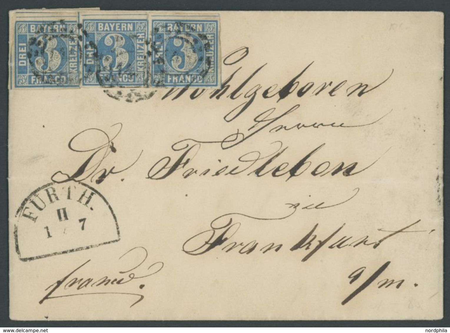 1860, 3 Kr. Blau, 3x Als Streifen Geklebt (meist Vollrandig), Mit Offenem MR-Stempel 145 Auf Dekorativem Brief Von FÜRTH - Andere & Zonder Classificatie