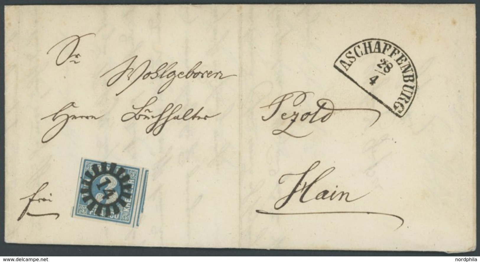 BAYERN 2II BRIEF, 1860, 3 Kr. Blau, Voll-überrandig, 2 Schnittlinien, Mit MR-Stempel 14 Auf Brief Von ASCHAFFENBURG Nach - Sonstige & Ohne Zuordnung