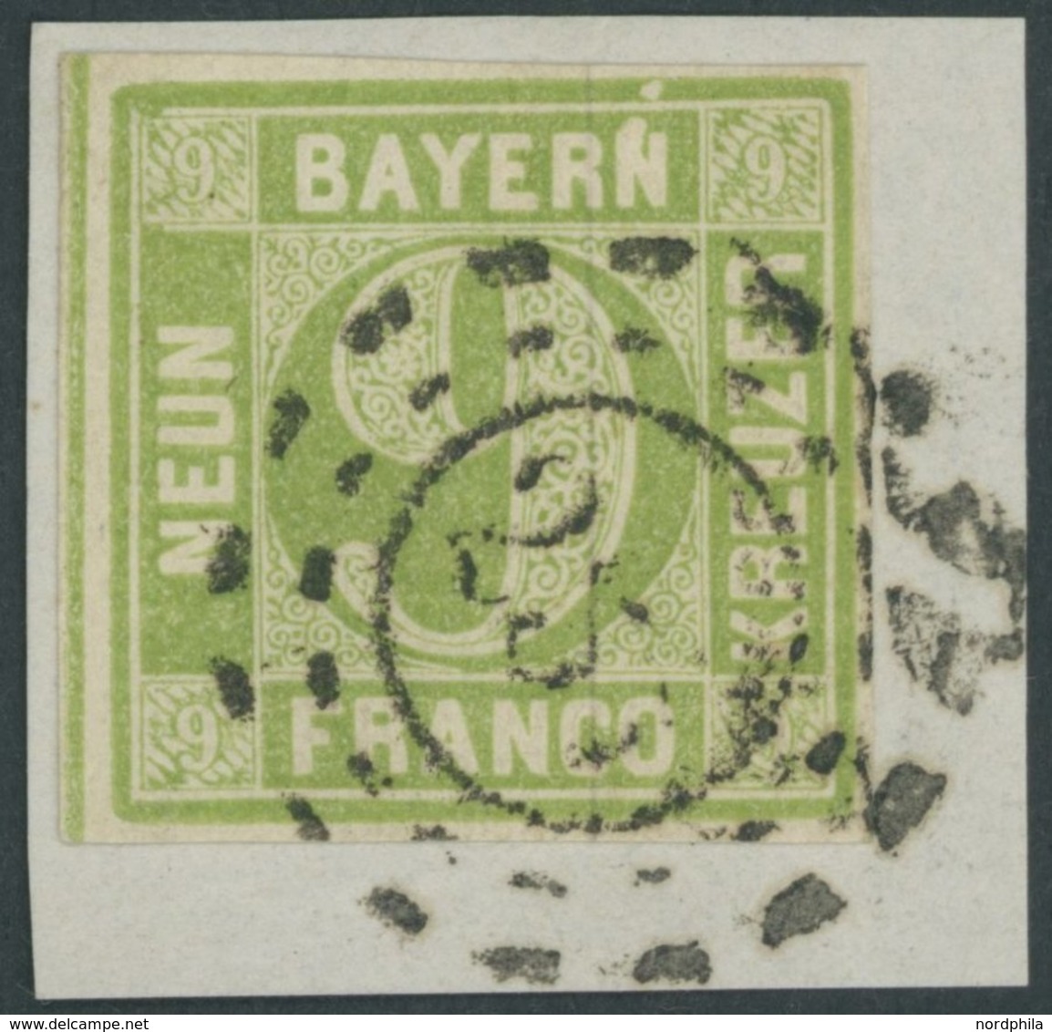 1852, 9 Kr. Gelbgrün Mit Plattenfehler N Von Bayern Links Nach Oben Verlängert Und Weißer Punkt In Der Randlinie über N, - Sonstige & Ohne Zuordnung