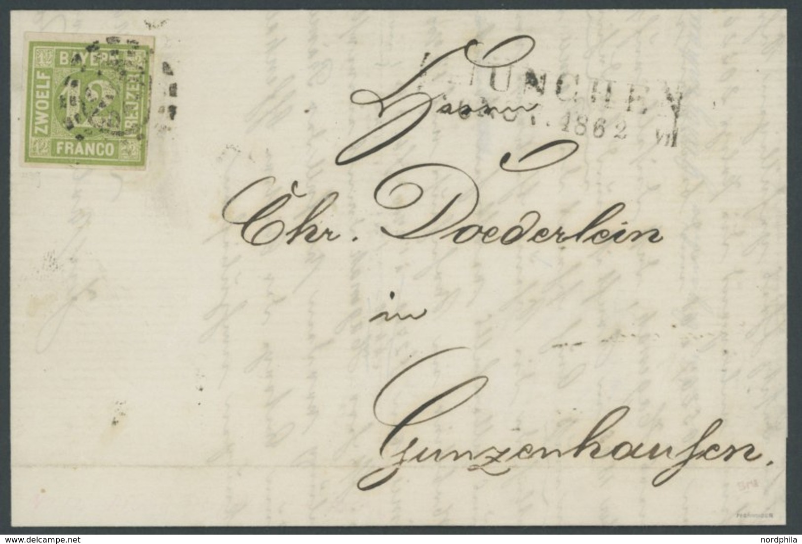 BAYERN 12 BRIEF, 1865, 12 Kr. Dunkelgelbgrün Mit Offenem MR-Stempel 325 Als Einzelfrankatur Nach Gunzenhausen, Prachtbri - Otros & Sin Clasificación